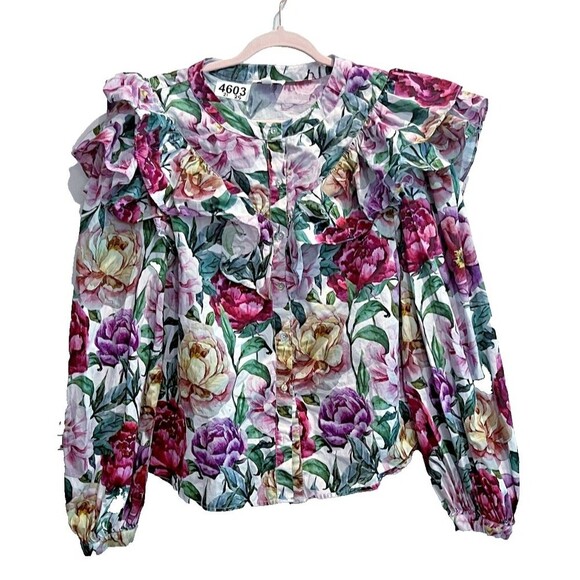 Aura Multicolor XL Floral Blouse Button Up Ruffle Cotton Cottagecore Prairie - Picture 1 of 9